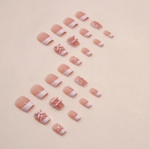 Pink French press-on nails set with 3D bows and pearls in ballet style, 24 pieces