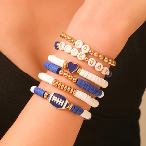 Handmade clay bead sports bracelet set with rugby and GAME DAY charms for women