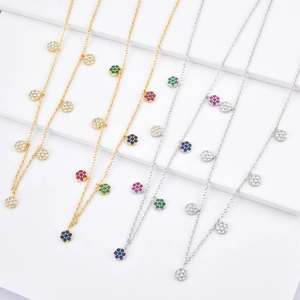 S925 sterling silver station necklace with colorful round zircon pendants in gold and silver