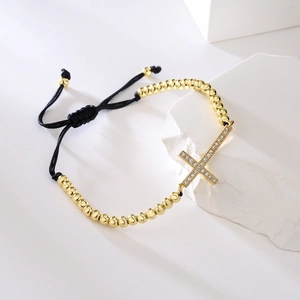 Cross Charm Bracelet With Zircon Copper Beads 18K Gold Plated Adjustable Braided Rope Religious Jewelry For Women