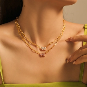18k gold plated double layer necklace with heart and rectangular zircon pendant