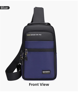 Front detail of navy and black crossbody chest bag with multiple zipper compartments