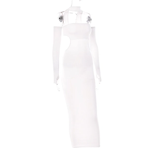 Detail of white cutout bodycon dress with long sleeves and high neck on mannequin