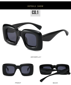 Three-way view of bold Y2K square sunglasses with thick black frame and grey lenses