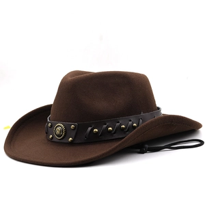 Detail of dark brown wool felt cowboy hat with leather braided band and metal rivets