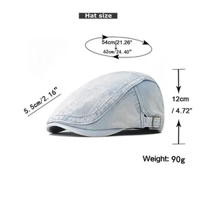 Detailed size chart for light blue denim beret hat showing dimensions in cm and inches