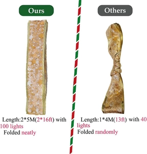 Comparison of golden Christmas ribbon LED lights showing 100 LEDs versus standard ones