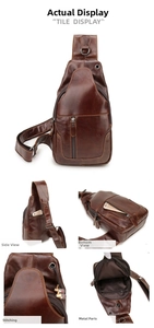 Detail of vintage brown leather chest bag showing side pocket, headphone port, and hardware