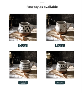 Detailed grid view of four Nordic ceramic mugs with hand-painted geometric patterns