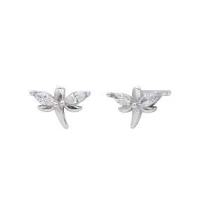 Macro shot of dragonfly stud earrings with sparkling marquise-cut crystal wings