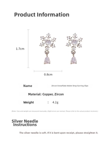 Detail showing dimensions of snowflake clip-on earrings with drop zircon stone