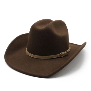 Detail of dark brown cowboy hat with faux leather belt and gold metal buckle