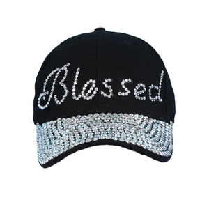 Black denim baseball cap with silver rhinestone Blessed lettering and crystal-embellished brim