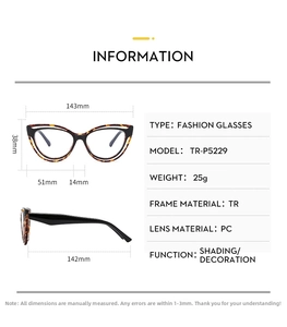 Detailed size guide and specifications for TR90 cat-eye blue light blocking glasses