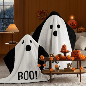 Ghost Halloween hooded blanket in black and white fleece with BOO lettering