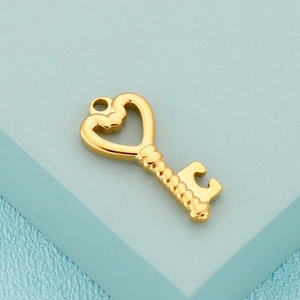 Macro detail of a golden heart-shaped key pendant charm in polished stainless steel