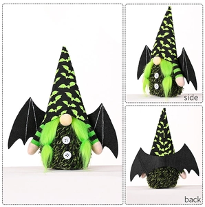 Three-view detail of a Halloween gnome plush with bat wings and green beard