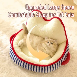 Plush cat bed with blue stripes and thick fleece lining for winter comfort