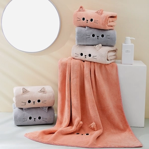 Absorbent coral fleece cat hair towel in pink, grey and beige for hair drying
