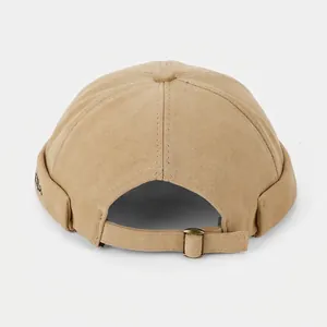 Khaki retro brimless docker hat with embroidered letters and adjustable metal buckle
