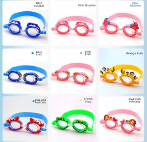 Detailed grid showing cartoon TPE kids swimming goggles in dolphin and crab designs