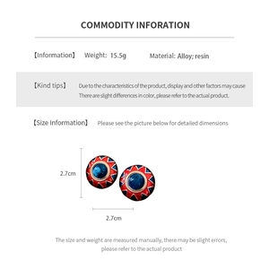 Detailed technical specifications for red and blue vintage resin round earrings