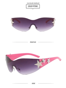 Y2K rimless star sunglasses with purple gradient lenses and pink temples detail