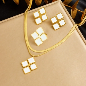 Minimalist Black White Layered Necklace Ring Earrings Stainless Steel Gold Plated Geometric Square Clover Design Women Jewelry