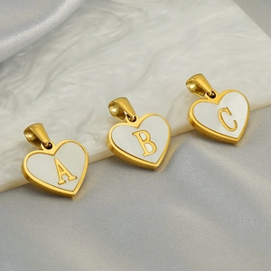 Polished gold stainless steel heart pendants with white shells and A, B, C engraving