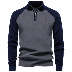 Detail view of the vertical knit texture and quarter-zip collar on this men's sweater