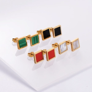 Set of four 18K gold-plated square stud earrings featuring colorful gemstone inlays