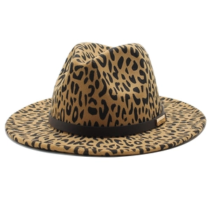 Classic leopard print wide brim fedora hat with a dark faux leather gold buckle band