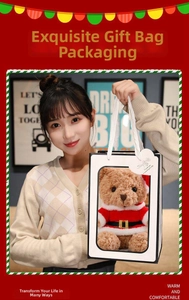 Plush Christmas teddy bear in festive red outfit inside a premium white gift box with handle