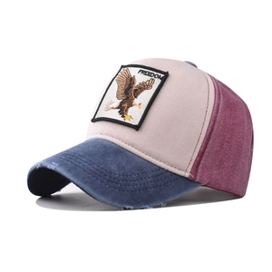 Close-up of eagle embroidery with Freedom text on distressed color block baseball cap