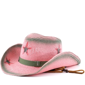 Pink Western Cowboy Straw Hat Women Y2K Star Pattern Wide Brim Sun Hat Beach With Adjustable Wind Rope Paper Straw