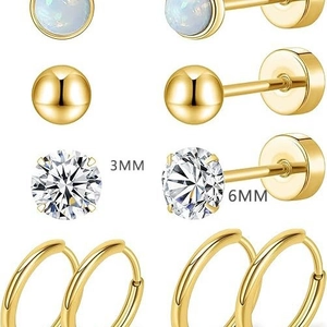 10-piece gold earring set with zircon, opal studs and hoops in 3mm and 6mm sizes
