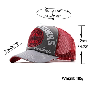 Distressed grey and red baseball cap with embroidery and detailed sizing measurements