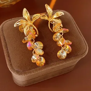 Vintage Flower Tassel Drop Earrings With Alloy Gold Champagne Glass Crystal And Silver Earring Post Retro Style Women