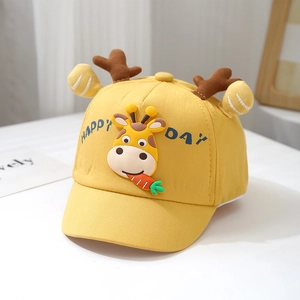 Detail of yellow baby baseball cap with 3D cartoon giraffe and Happy Day embroidery