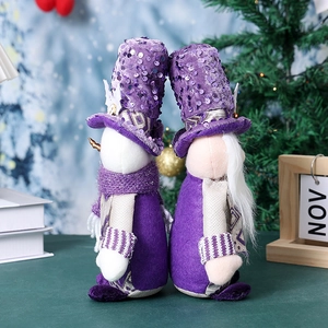 Standing purple sequin Christmas gnome and snowman doll set for holiday home decoration
