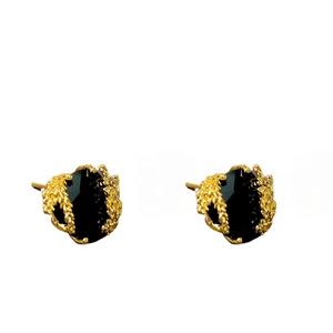 Boucles d'oreilles carrées plaquées or avec pierre noire et motif d'épi de blé élégant