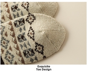 Detailed close-up of thick knitted wool socks showing exquisite seamless toe construction