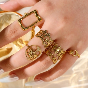 Retro Tree Of Life Sun Moon Adjustable Rings 18K Gold Plated Stainless Steel Vintage Bohemian Aesthetic For Women