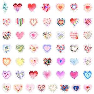 Detailed grid of diverse heart-shaped waterproof stickers with floral and food patterns