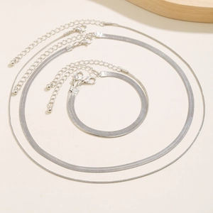 Silver double-layer snake chain necklace and bracelet set for minimalist style