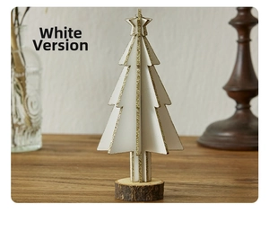 Detailed view of mini white Christmas tree ornament with gold glitter and wood base