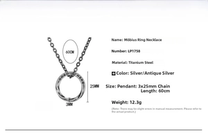 Detailed size chart for Mobius ring pendant made of titanium steel with 60cm chain