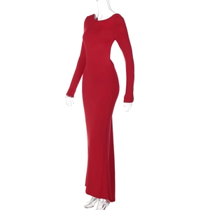 Side view of red backless maxi dress with sleek long sleeves and bodycon fit