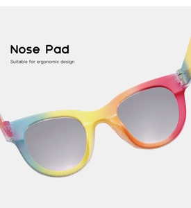 Close-up of the ergonomic nose pad design on rainbow glitter kids sunglasses
