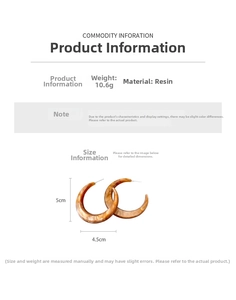 Detailed size chart showing resin C-hoop earring dimensions 5x4.5cm and 10.6g weight
